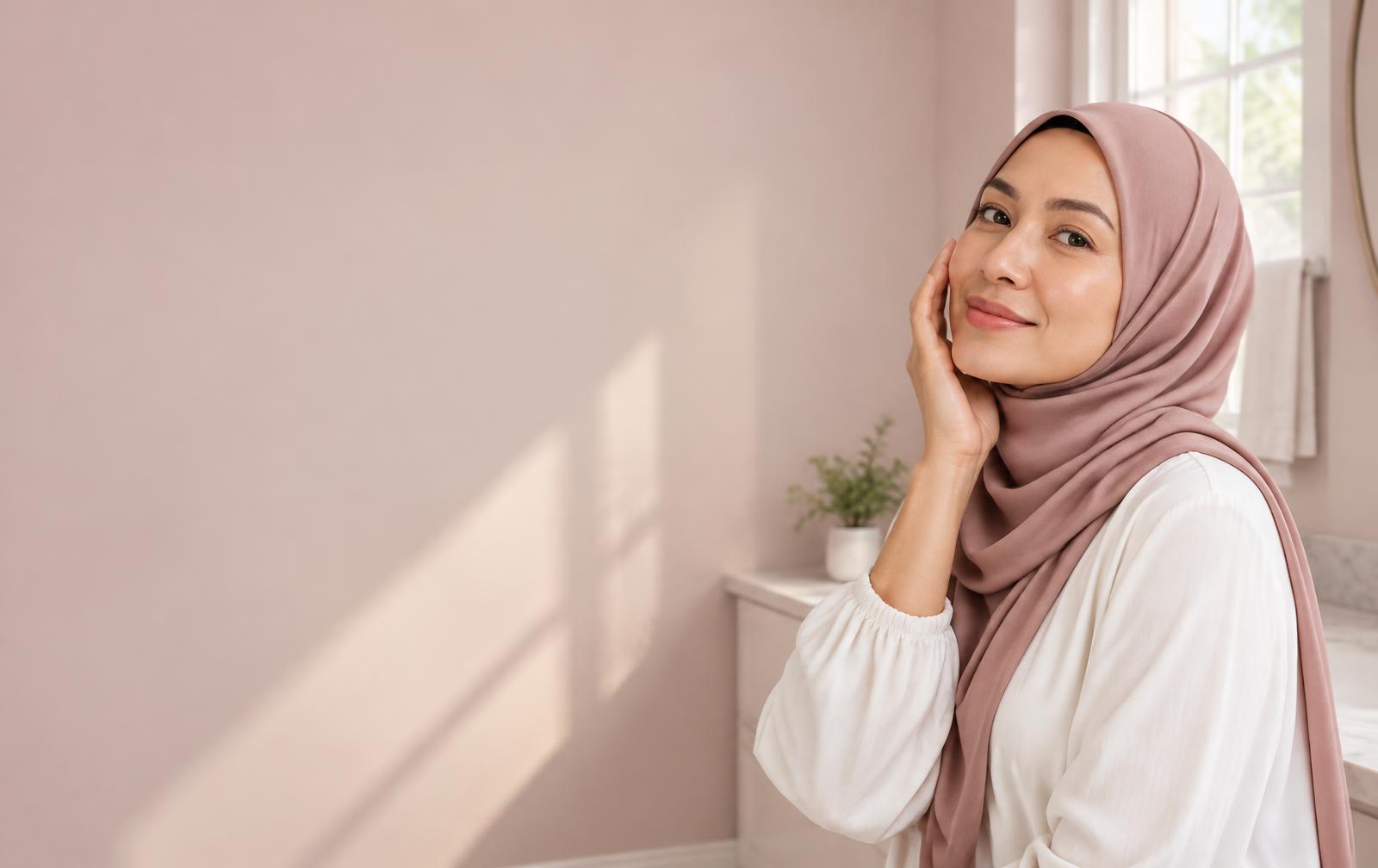 Wanita bertudung menikmati rutin penjagaan diri pada waktu pagi
